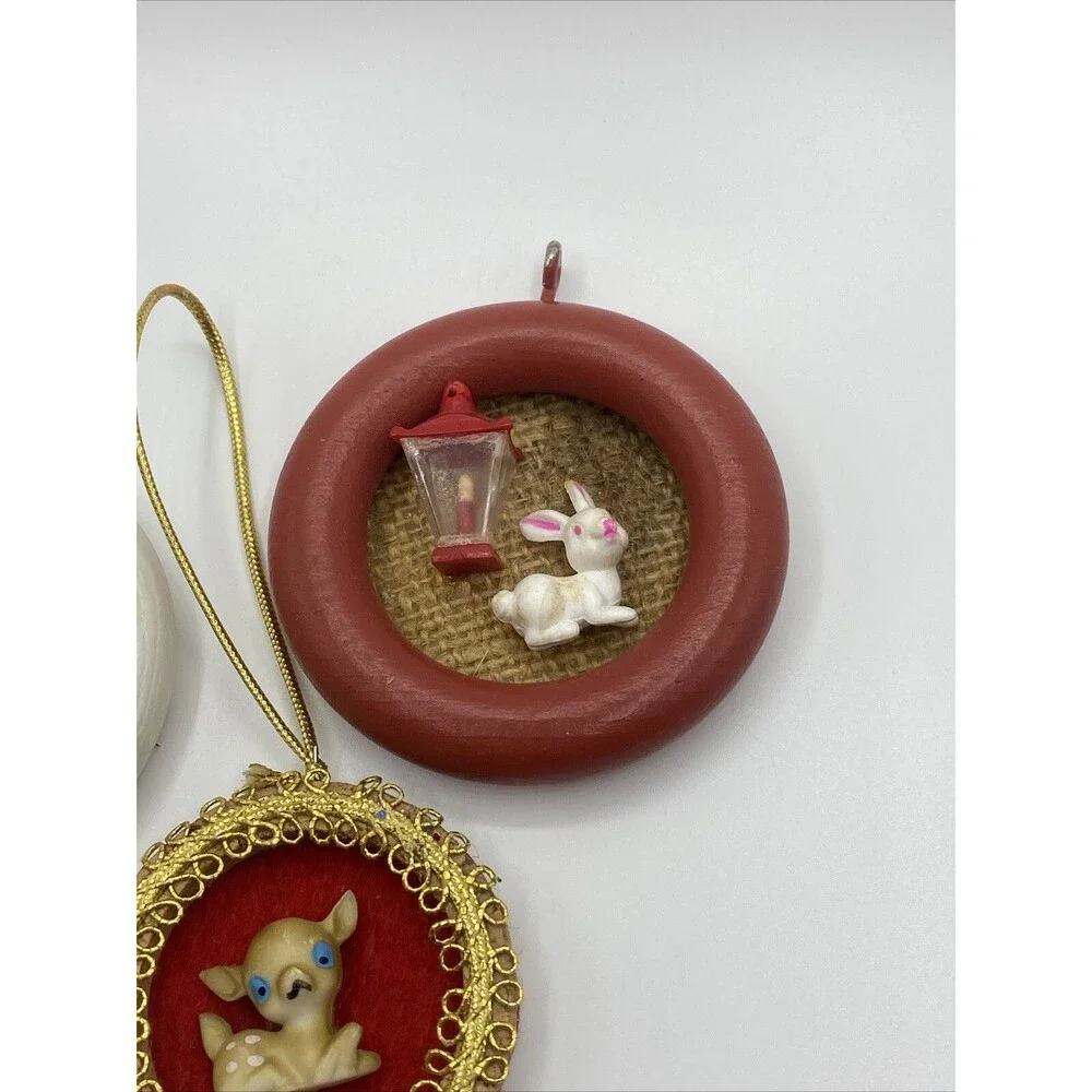 Vintage Christmas Handmade Ornaments Agel Lantern Bunny Deer Round Hanging